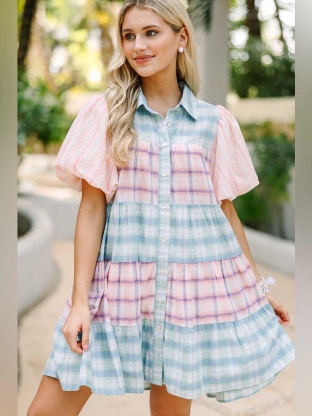 NWOT Entro Happy Place Blue & Pink Plaid Puff Sleeve Cottagecore Twee Dress